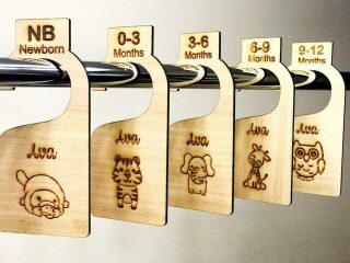 personalised wooden closet clothing divider with custom names. New born baby. 5 dividers per set. Made in Australia.